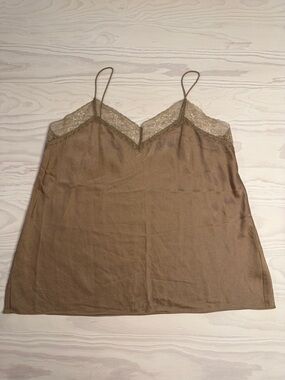 Vince 100% Silk Brown Lace-Trim Tank Top
